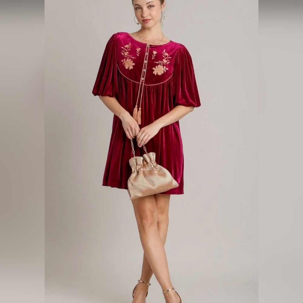 Umgee Burgundy Velvet Mini Dress with Floral Embroidery